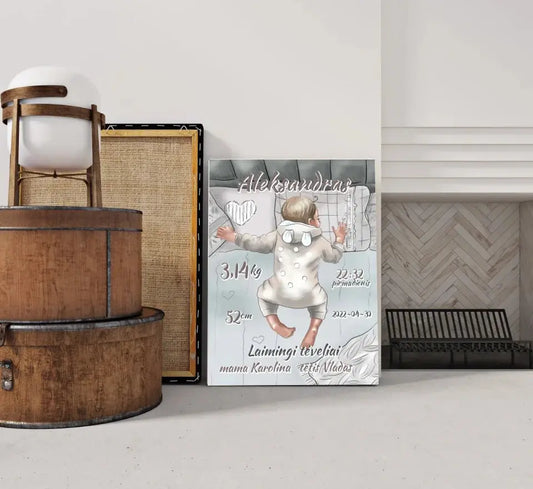 Personalizuota Vaiko Gimimo Metrikų Iliustracija ant drobės, Mergaitės ir Berniuko gimimo metrika  Drobe -  dovanokis.lt