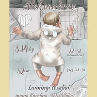 Personalizuota Vaiko Gimimo Metrikų Iliustracija, Mergaitės ir Berniuko gimimo metrika, plakatas su rėmeliu  Poster -  dovanokis.lt