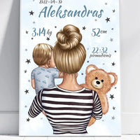 Personalizuota Vaiko Gimimo Metrikų Iliustracija Mylimiausia mama, Berniuko gimimo metrika, plakatas su rėmeliu  Poster -  dovanokis.lt