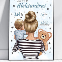 Personalizuota Vaiko Gimimo Metrikų Iliustracija Mylimiausia mama, Berniuko gimimo metrika, plakatas su rėmeliu  Poster -  dovanokis.lt