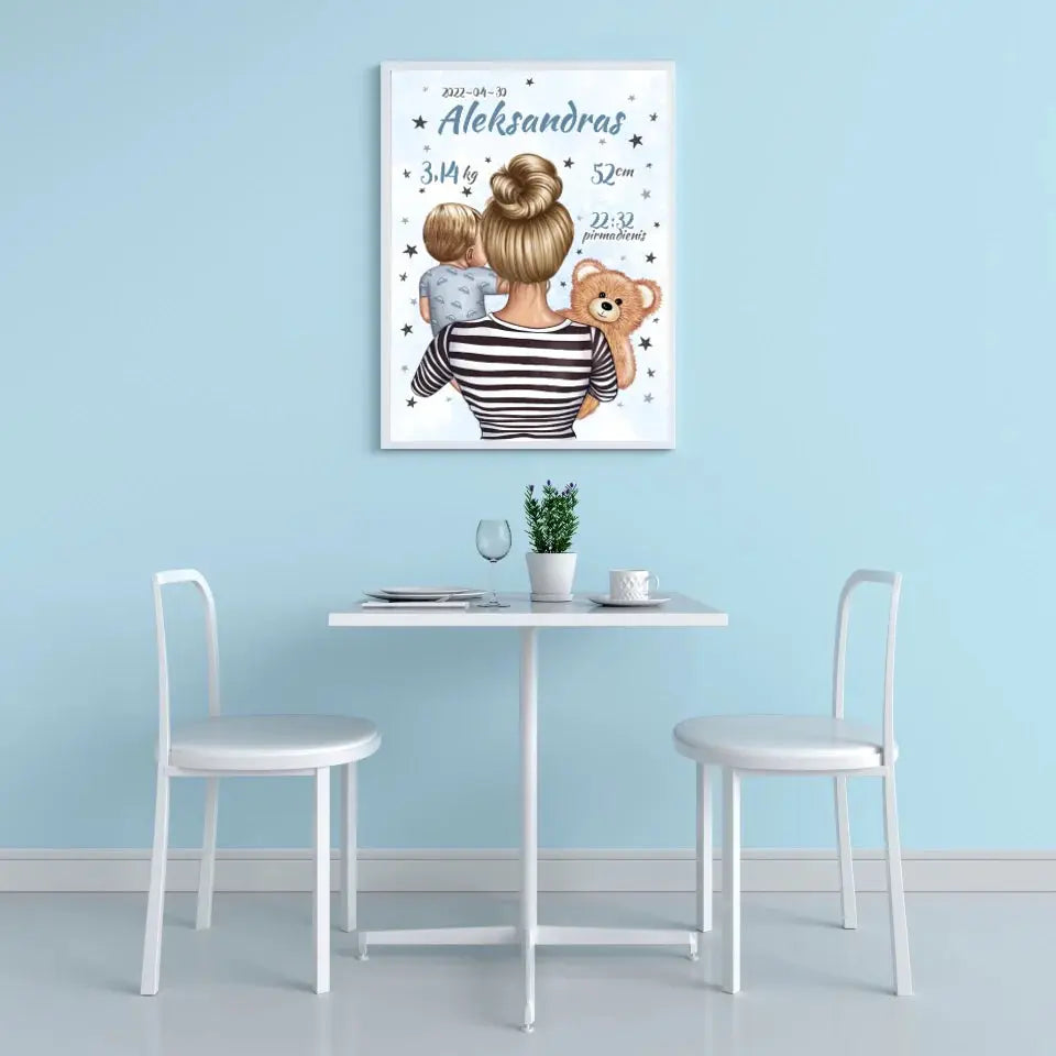 Personalizuota Vaiko Gimimo Metrikų Iliustracija Mylimiausia mama, Berniuko gimimo metrika, plakatas su rėmeliu  Poster -  dovanokis.lt