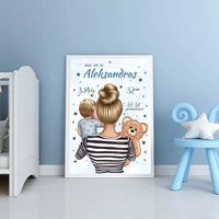 Personalizuota Vaiko Gimimo Metrikų Iliustracija Mylimiausia mama, Berniuko gimimo metrika, plakatas su rėmeliu  Poster -  dovanokis.lt