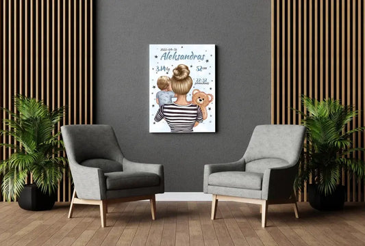 Personalizuota Vaiko Gimimo Metrikų Iliustracija ant drobės, Mylimiausia mama, Berniuko gimimo metrika  Drobe -  dovanokis.lt