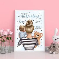 Personalizuota Vaiko Gimimo Metrikų Iliustracija Mylimiausia mama, Berniuko gimimo metrika, plakatas su rėmeliu  Poster -  dovanokis.lt
