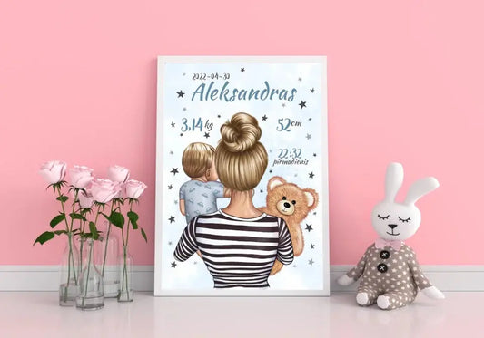Personalizuota Vaiko Gimimo Metrikų Iliustracija Mylimiausia mama, Berniuko gimimo metrika, plakatas su rėmeliu  Poster -  dovanokis.lt