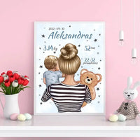 Personalizuota Vaiko Gimimo Metrikų Iliustracija Mylimiausia mama, Berniuko gimimo metrika, plakatas su rėmeliu  Poster -  dovanokis.lt