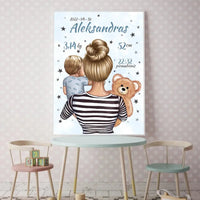 Personalizuota Vaiko Gimimo Metrikų Iliustracija Mylimiausia mama, Berniuko gimimo metrika, plakatas su rėmeliu  Poster -  dovanokis.lt