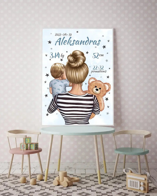 Personalizuota Vaiko Gimimo Metrikų Iliustracija Mylimiausia mama, Berniuko gimimo metrika, plakatas su rėmeliu  Poster -  dovanokis.lt
