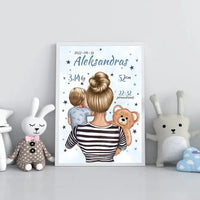 Personalizuota Vaiko Gimimo Metrikų Iliustracija Mylimiausia mama, Berniuko gimimo metrika, plakatas su rėmeliu  Poster -  dovanokis.lt