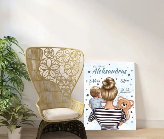 Personalizuota Vaiko Gimimo Metrikų Iliustracija ant drobės, Mylimiausia mama, Berniuko gimimo metrika  Drobe -  dovanokis.lt