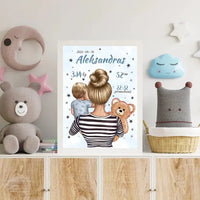 Personalizuota Vaiko Gimimo Metrikų Iliustracija Mylimiausia mama, Berniuko gimimo metrika, plakatas su rėmeliu  Poster -  dovanokis.lt
