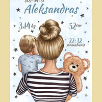 Personalizuota Vaiko Gimimo Metrikų Iliustracija Mylimiausia mama, Berniuko gimimo metrika, plakatas su rėmeliu  Poster -  dovanokis.lt