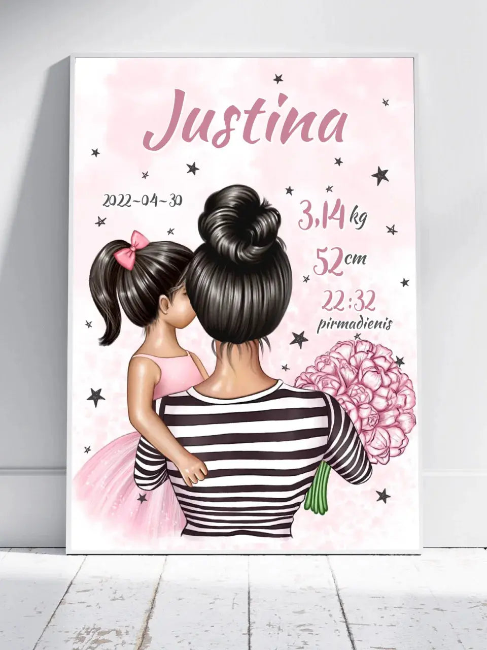 Personalizuota Vaiko Gimimo Metrikų Iliustracija Mylimiausia mama, Mergaitės gimimo metrika, plakatas su rėmeliu  Poster -  dovanokis.lt