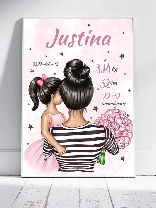Personalizuota Vaiko Gimimo Metrikų Iliustracija Mylimiausia mama, Mergaitės gimimo metrika, plakatas su rėmeliu  Poster -  dovanokis.lt