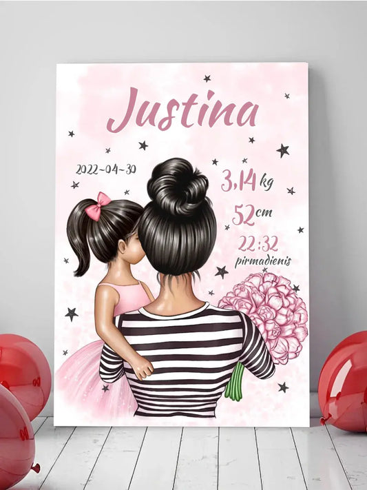 Personalizuota Vaiko Gimimo Metrikų Iliustracija ant drobės, Mylimiausia mama, Mergaitės gimimo metrika  Drobe -  dovanokis.lt