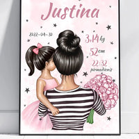 Personalizuota Vaiko Gimimo Metrikų Iliustracija Mylimiausia mama, Mergaitės gimimo metrika, plakatas su rėmeliu  Poster -  dovanokis.lt
