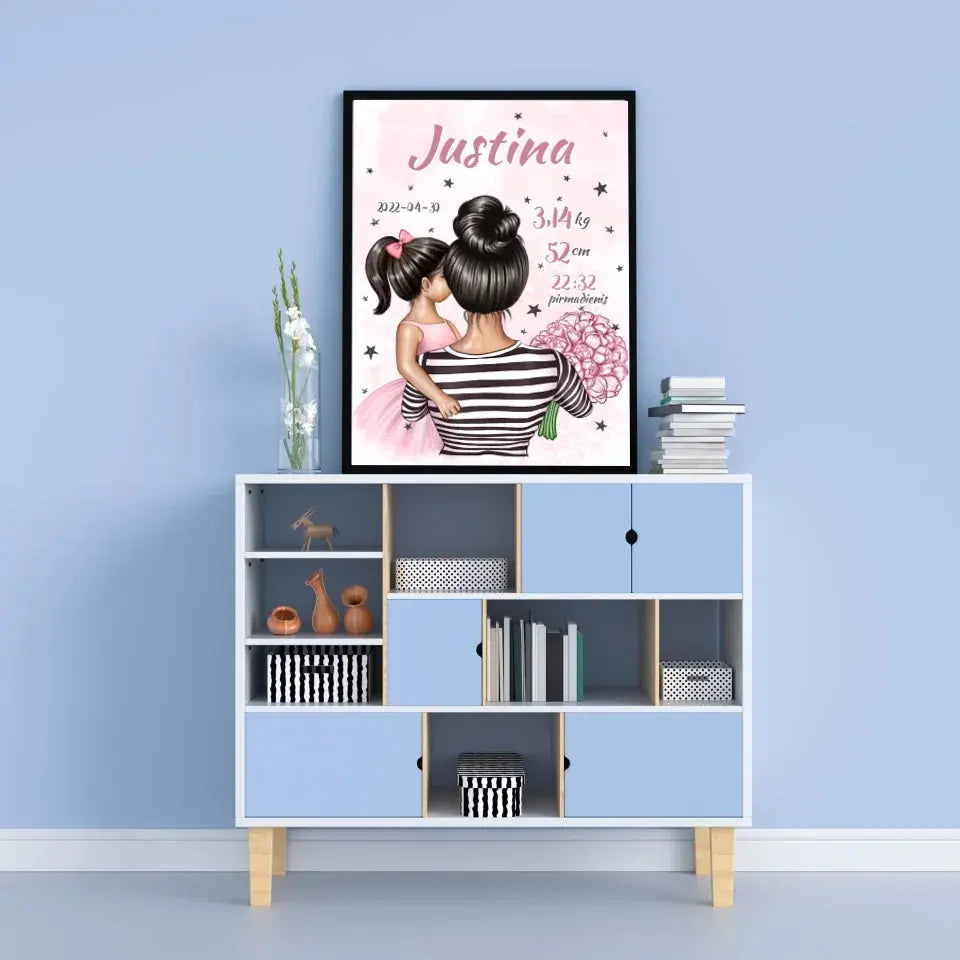 Personalizuota Vaiko Gimimo Metrikų Iliustracija Mylimiausia mama, Mergaitės gimimo metrika, plakatas su rėmeliu  Poster -  dovanokis.lt