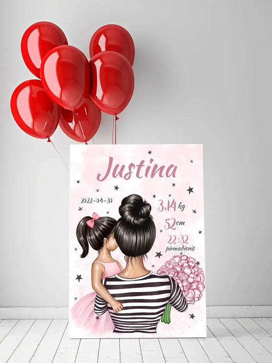 Personalizuota Vaiko Gimimo Metrikų Iliustracija ant drobės, Mylimiausia mama, Mergaitės gimimo metrika  Drobe -  dovanokis.lt