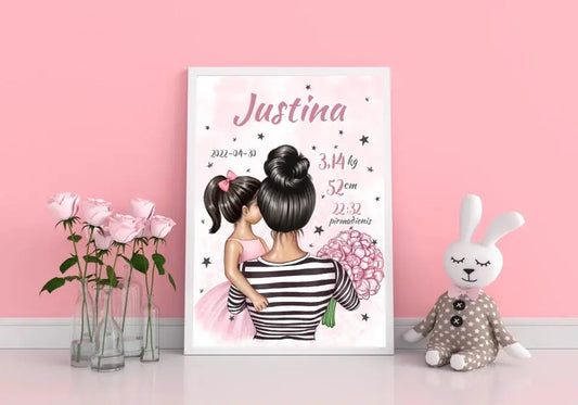 Personalizuota Vaiko Gimimo Metrikų Iliustracija Mylimiausia mama, Mergaitės gimimo metrika, plakatas su rėmeliu  Poster -  dovanokis.lt
