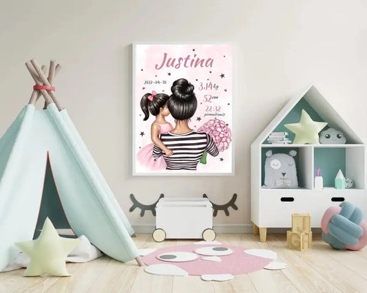 Personalizuota Vaiko Gimimo Metrikų Iliustracija Mylimiausia mama, Mergaitės gimimo metrika, plakatas su rėmeliu  Poster -  dovanokis.lt