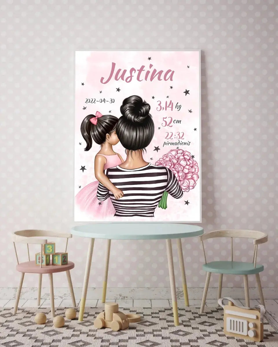 Personalizuota Vaiko Gimimo Metrikų Iliustracija Mylimiausia mama, Mergaitės gimimo metrika, plakatas su rėmeliu  Poster -  dovanokis.lt