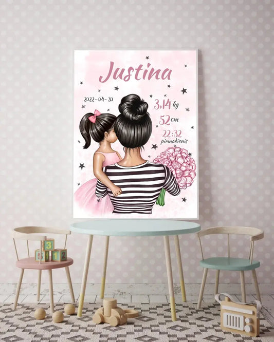 Personalizuota Vaiko Gimimo Metrikų Iliustracija Mylimiausia mama, Mergaitės gimimo metrika, plakatas su rėmeliu  Poster -  dovanokis.lt