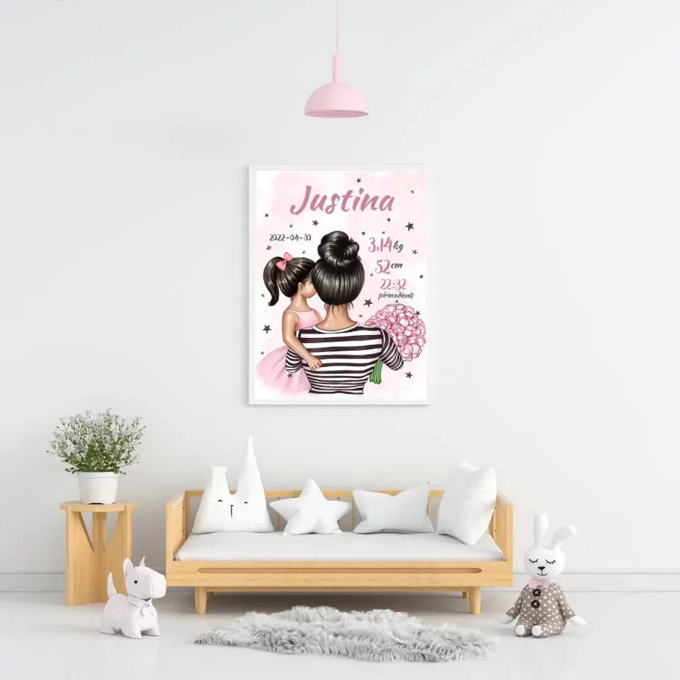 Personalizuota Vaiko Gimimo Metrikų Iliustracija Mylimiausia mama, Mergaitės gimimo metrika, plakatas su rėmeliu  Poster -  dovanokis.lt