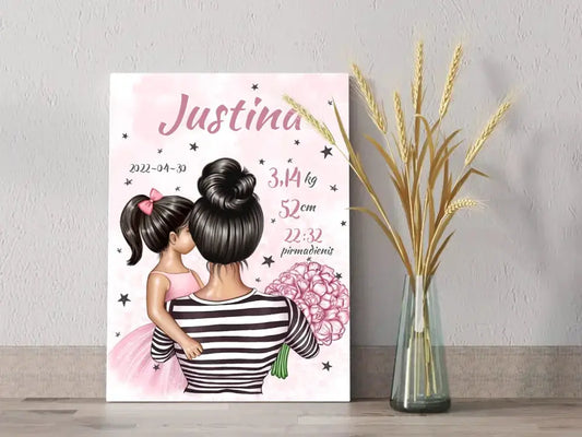 Personalizuota Vaiko Gimimo Metrikų Iliustracija ant drobės, Mylimiausia mama, Mergaitės gimimo metrika  Drobe -  dovanokis.lt