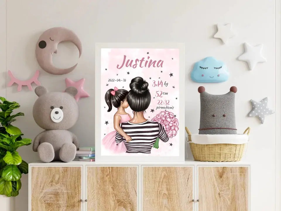 Personalizuota Vaiko Gimimo Metrikų Iliustracija Mylimiausia mama, Mergaitės gimimo metrika, plakatas su rėmeliu  Poster -  dovanokis.lt