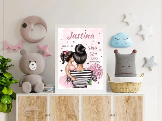 Personalizuota Vaiko Gimimo Metrikų Iliustracija Mylimiausia mama, Mergaitės gimimo metrika, plakatas su rėmeliu  Poster -  dovanokis.lt