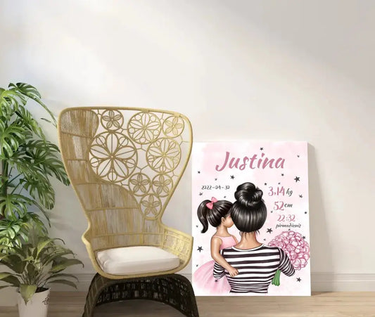 Personalizuota Vaiko Gimimo Metrikų Iliustracija ant drobės, Mylimiausia mama, Mergaitės gimimo metrika  Drobe -  dovanokis.lt