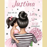 Personalizuota Vaiko Gimimo Metrikų Iliustracija Mylimiausia mama, Mergaitės gimimo metrika, plakatas su rėmeliu  Poster -  dovanokis.lt