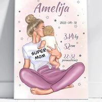 Personalizuota Vaiko Gimimo Metrikų Iliustracija Super Mama, Mergaitės gimimo metrika, plakatas su rėmeliu  Poster -  dovanokis.lt