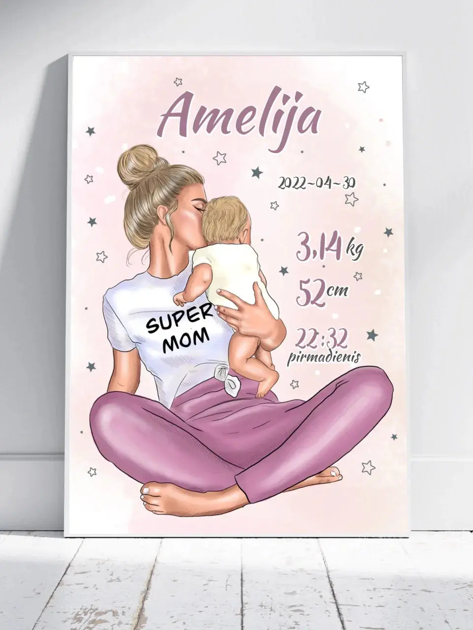Personalizuota Vaiko Gimimo Metrikų Iliustracija Super Mama, Mergaitės gimimo metrika, plakatas su rėmeliu  Poster -  dovanokis.lt