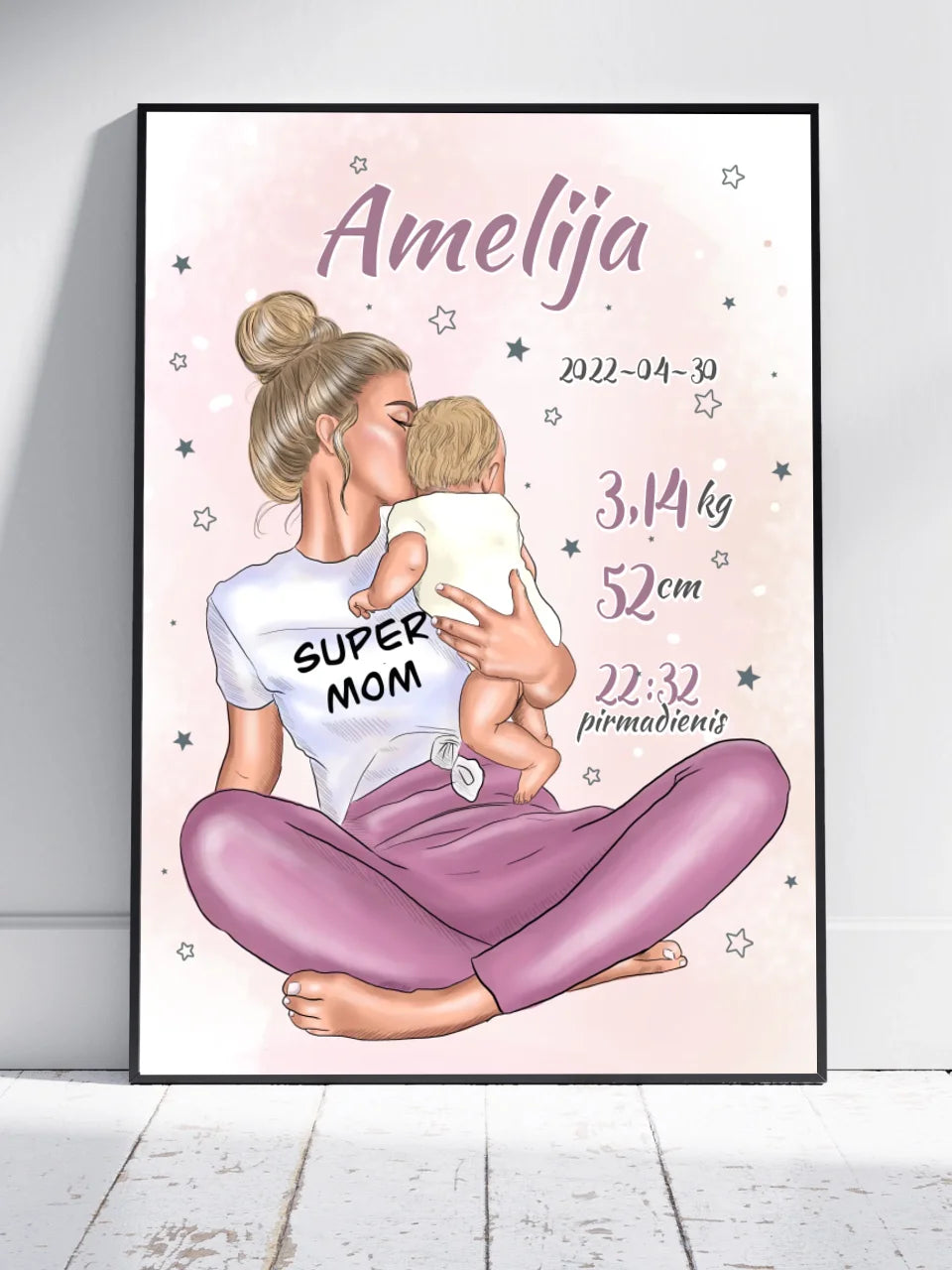 Personalizuota Vaiko Gimimo Metrikų Iliustracija Super Mama, Mergaitės gimimo metrika, plakatas su rėmeliu