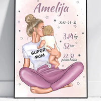 Personalizuota Vaiko Gimimo Metrikų Iliustracija Super Mama, Mergaitės gimimo metrika, plakatas su rėmeliu  Poster -  dovanokis.lt