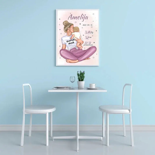 Personalizuota Vaiko Gimimo Metrikų Iliustracija Super Mama, Mergaitės gimimo metrika, plakatas su rėmeliu  Poster -  dovanokis.lt