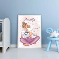Personalizuota Vaiko Gimimo Metrikų Iliustracija Super Mama, Mergaitės gimimo metrika, plakatas su rėmeliu  Poster -  dovanokis.lt