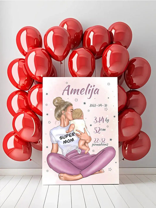 Personalizuota Vaiko Gimimo Metrikų Iliustracija ant drobės, Super Mama, Mergaitės gimimo metrika  Drobe -  dovanokis.lt