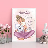 Personalizuota Vaiko Gimimo Metrikų Iliustracija Super Mama, Mergaitės gimimo metrika, plakatas su rėmeliu  Poster -  dovanokis.lt