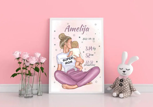 Personalizuota Vaiko Gimimo Metrikų Iliustracija Super Mama, Mergaitės gimimo metrika, plakatas su rėmeliu  Poster -  dovanokis.lt