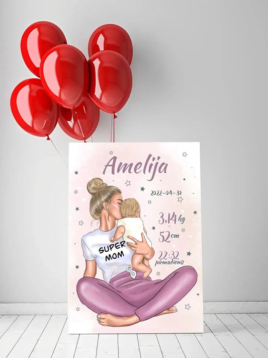 Personalizuota Vaiko Gimimo Metrikų Iliustracija ant drobės, Super Mama, Mergaitės gimimo metrika  Drobe -  dovanokis.lt