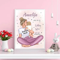 Personalizuota Vaiko Gimimo Metrikų Iliustracija Super Mama, Mergaitės gimimo metrika, plakatas su rėmeliu  Poster -  dovanokis.lt