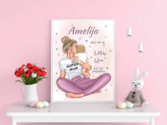 Personalizuota Vaiko Gimimo Metrikų Iliustracija Super Mama, Mergaitės gimimo metrika, plakatas su rėmeliu  Poster -  dovanokis.lt