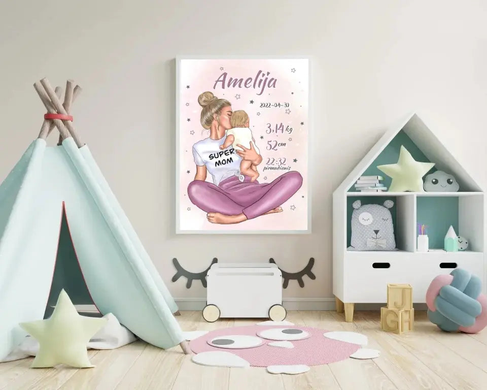 Personalizuota Vaiko Gimimo Metrikų Iliustracija Super Mama, Mergaitės gimimo metrika, plakatas su rėmeliu  Poster -  dovanokis.lt