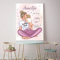 Personalizuota Vaiko Gimimo Metrikų Iliustracija Super Mama, Mergaitės gimimo metrika, plakatas su rėmeliu  Poster -  dovanokis.lt