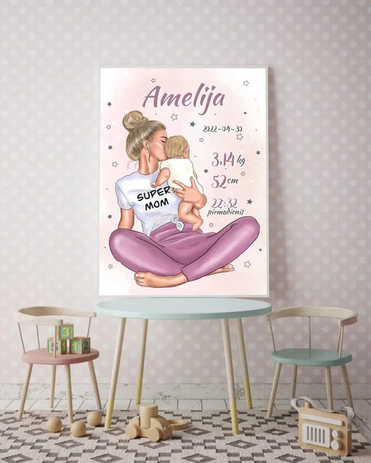 Personalizuota Vaiko Gimimo Metrikų Iliustracija Super Mama, Mergaitės gimimo metrika, plakatas su rėmeliu  Poster -  dovanokis.lt