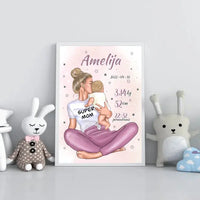 Personalizuota Vaiko Gimimo Metrikų Iliustracija Super Mama, Mergaitės gimimo metrika, plakatas su rėmeliu  Poster -  dovanokis.lt
