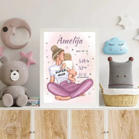 Personalizuota Vaiko Gimimo Metrikų Iliustracija Super Mama, Mergaitės gimimo metrika, plakatas su rėmeliu  Poster -  dovanokis.lt