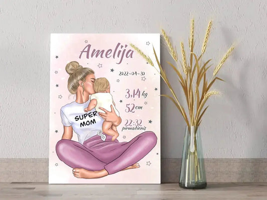 Personalizuota Vaiko Gimimo Metrikų Iliustracija ant drobės, Super Mama, Mergaitės gimimo metrika  Drobe -  dovanokis.lt